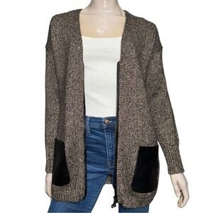 Minnie Rose Women’s Size S Brown Marled Zip Up Black Leather Pocket Sweater
